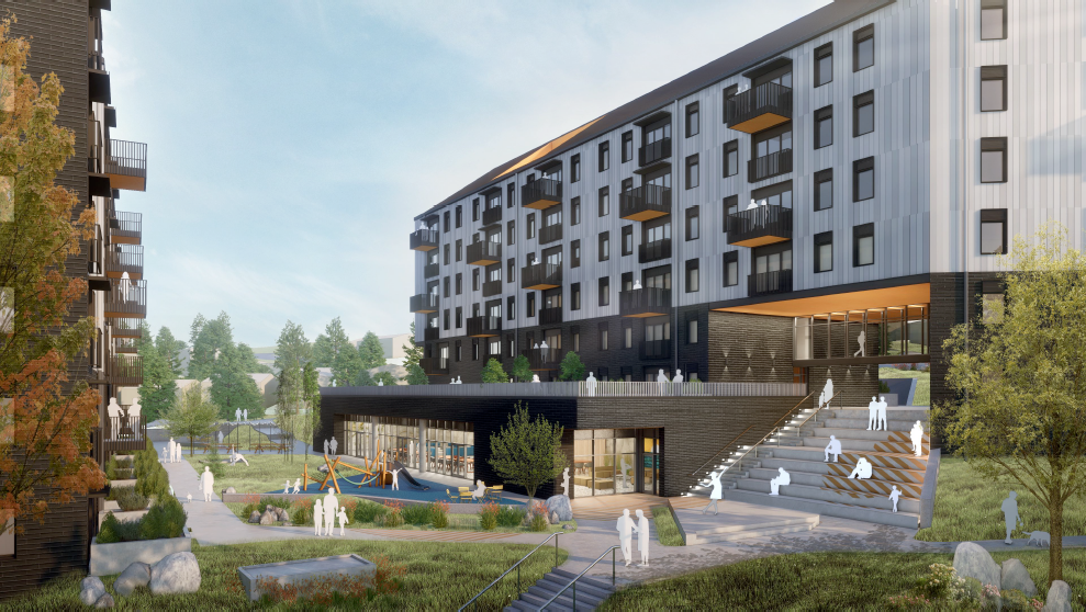 Digital rendering of a modern multi-story residential building with an outdoor play area, seating, and green landscaping.