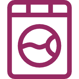 A front-loading washing machine symbol with a circular door and control panel above.