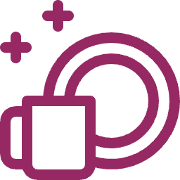 Stylized illustration of a plate, cup, and stars in purple.