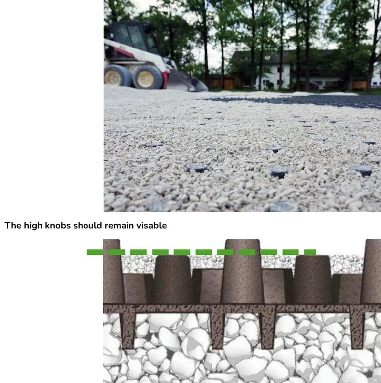 Close-up of a gravel surface with a silhouette of a skid steer loader in the background and instructions about soil and gravel installation.