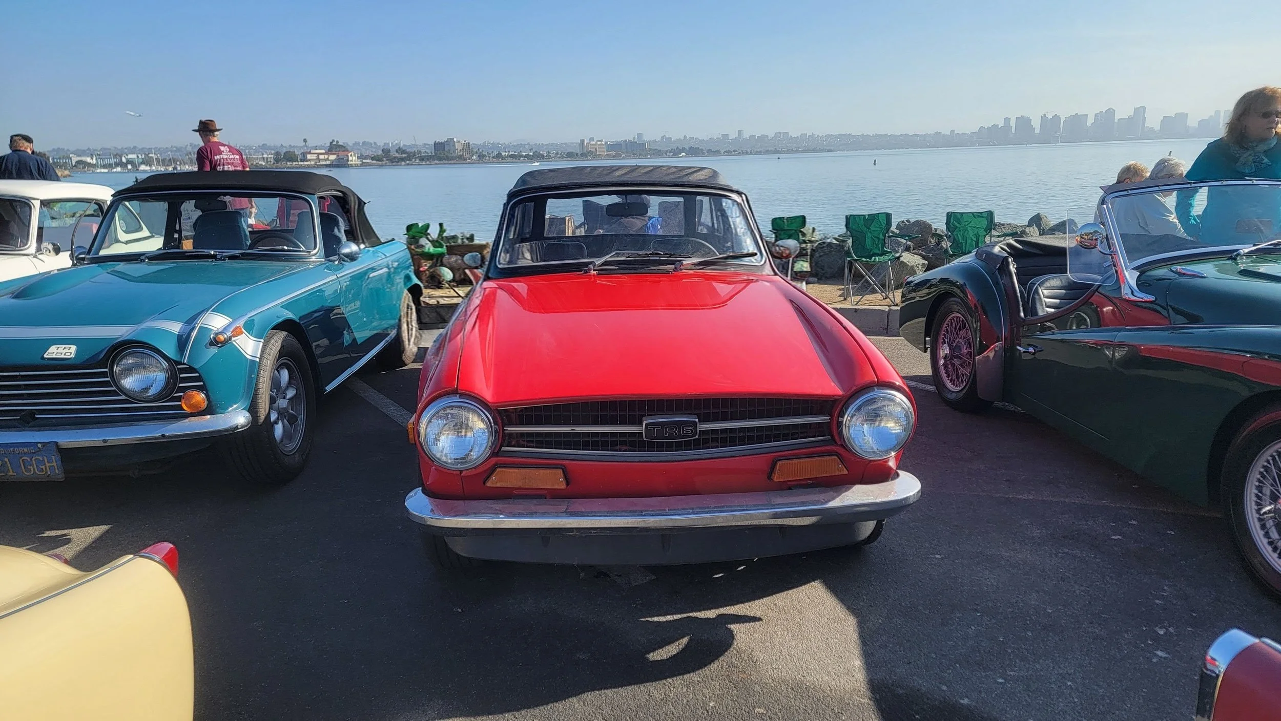 A row of vintage cars parked by a water body with a city skyline in the background, including a turquoise convertible, a red sports car, and a black roadster, with people walking and sitting nearby.