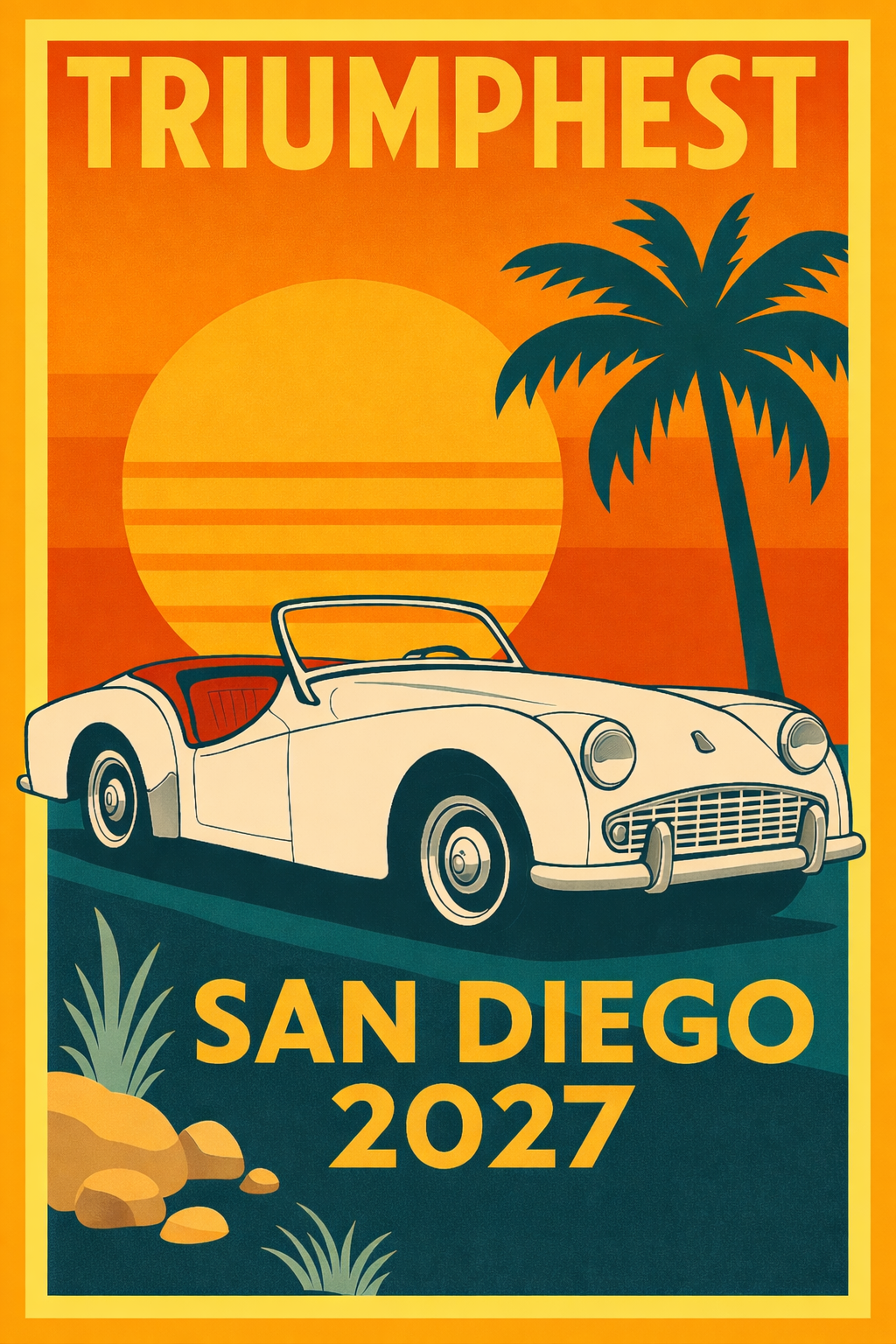 Vintage-style colorful poster featuring a classic white convertible car, a large setting sun, a palm tree, desert plants, and rocks, promoting the Triumphes event in San Diego, 2027.