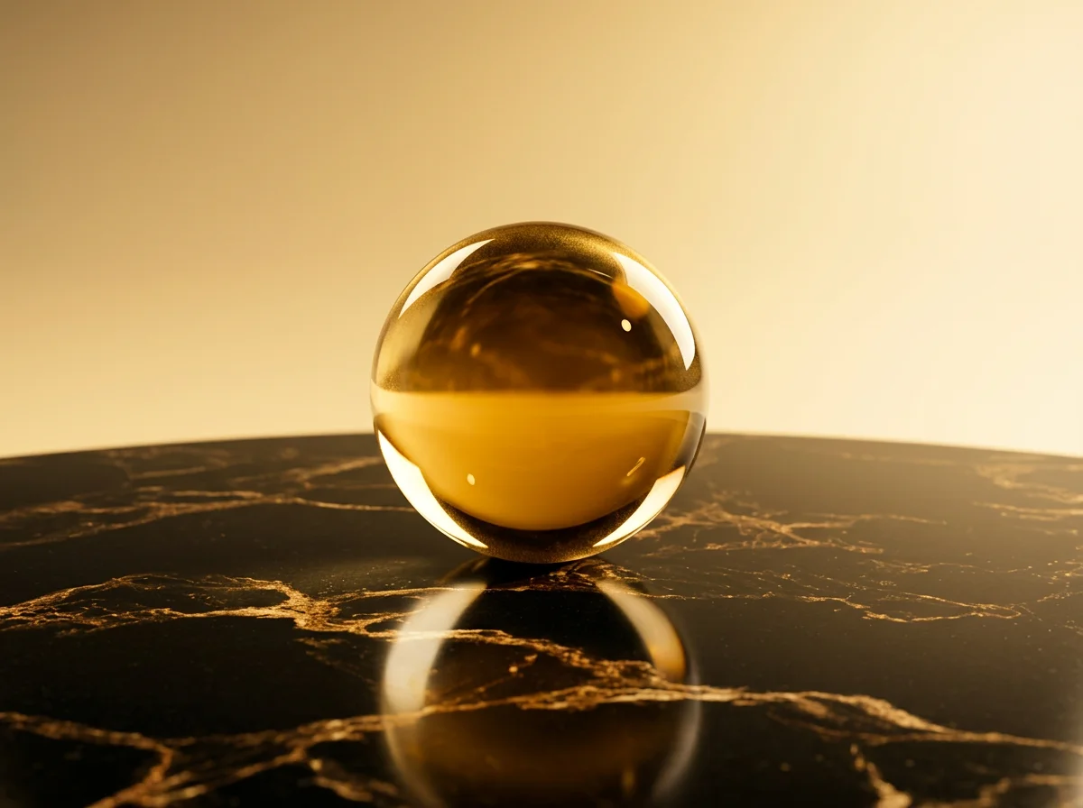 A reflective golden sphere sitting on a black marble surface with gold veining, reflected in the sphere below a warm, neutral background.