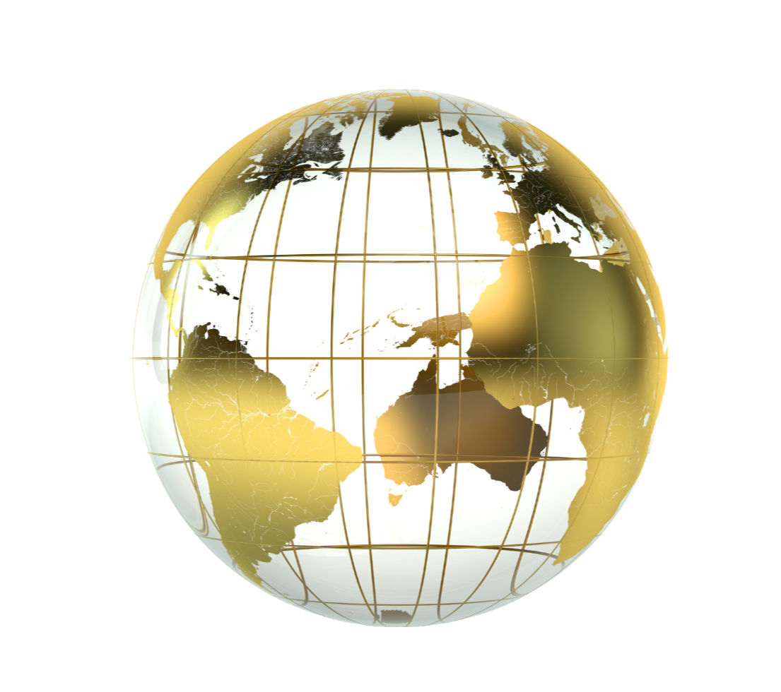A digital globe of Earth with a gold and white color scheme, showing continents and latitude/longitude lines.