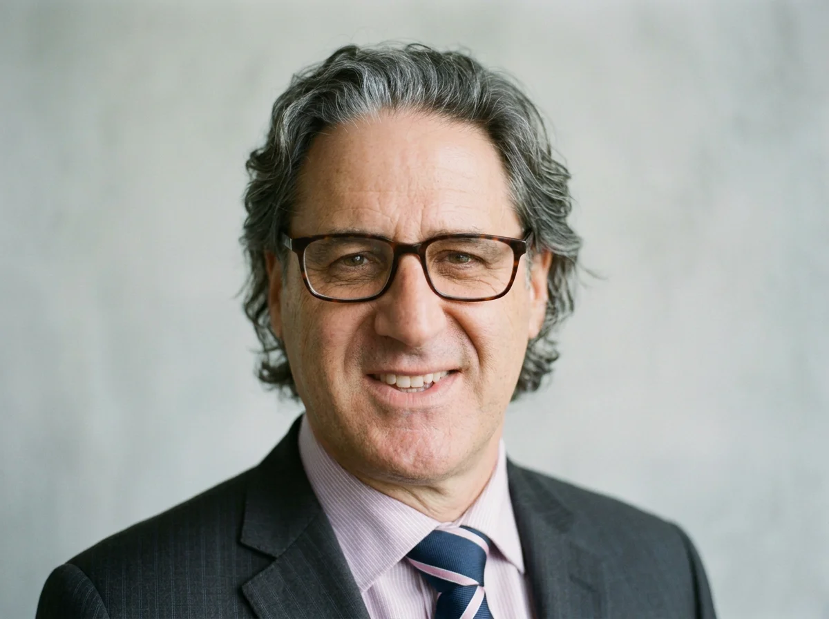 A middle-aged man with gray hair, wearing rectangular glasses, a dark suit, light pink shirt, and a striped tie, smiling at the camera against a plain background.