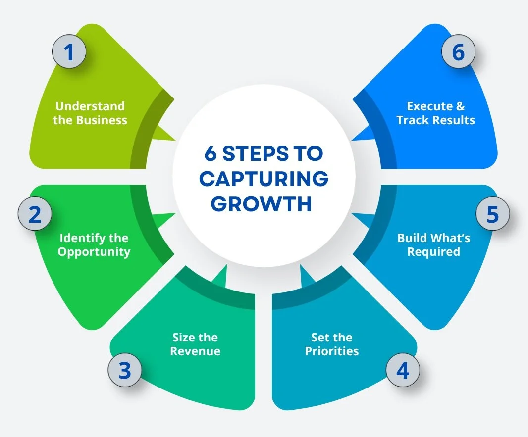 Diagram titled '6 Steps to Capturing Growth' showing steps numbered 1 through 6 in a circular flow: 1. Understand the Business, 2. Identify the Opportunity, 3. Size the Revenue, 4. Set the Priorities, 5. Build What's Required, 6. Execute & Track Results.