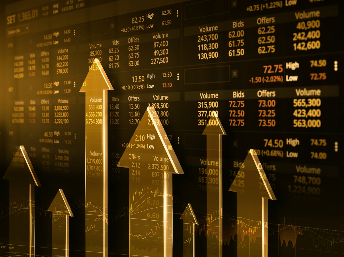 Financial stock market data displayed on a screen with upward-pointing arrows indicating stock increase or growth.