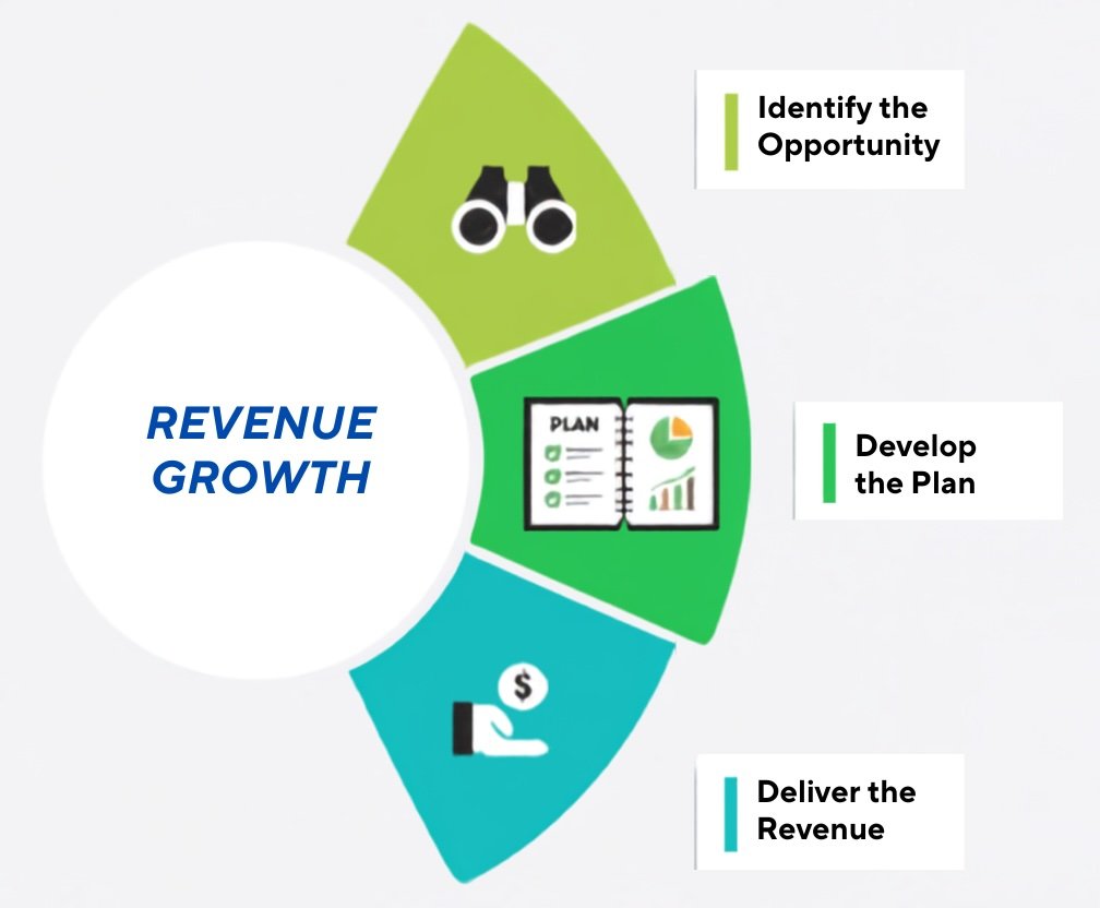 A circular diagram illustrating three steps for revenue growth: identify the opportunity with binoculars, develop the plan with a notebook and charts, and deliver the revenue with a hand holding a coin.