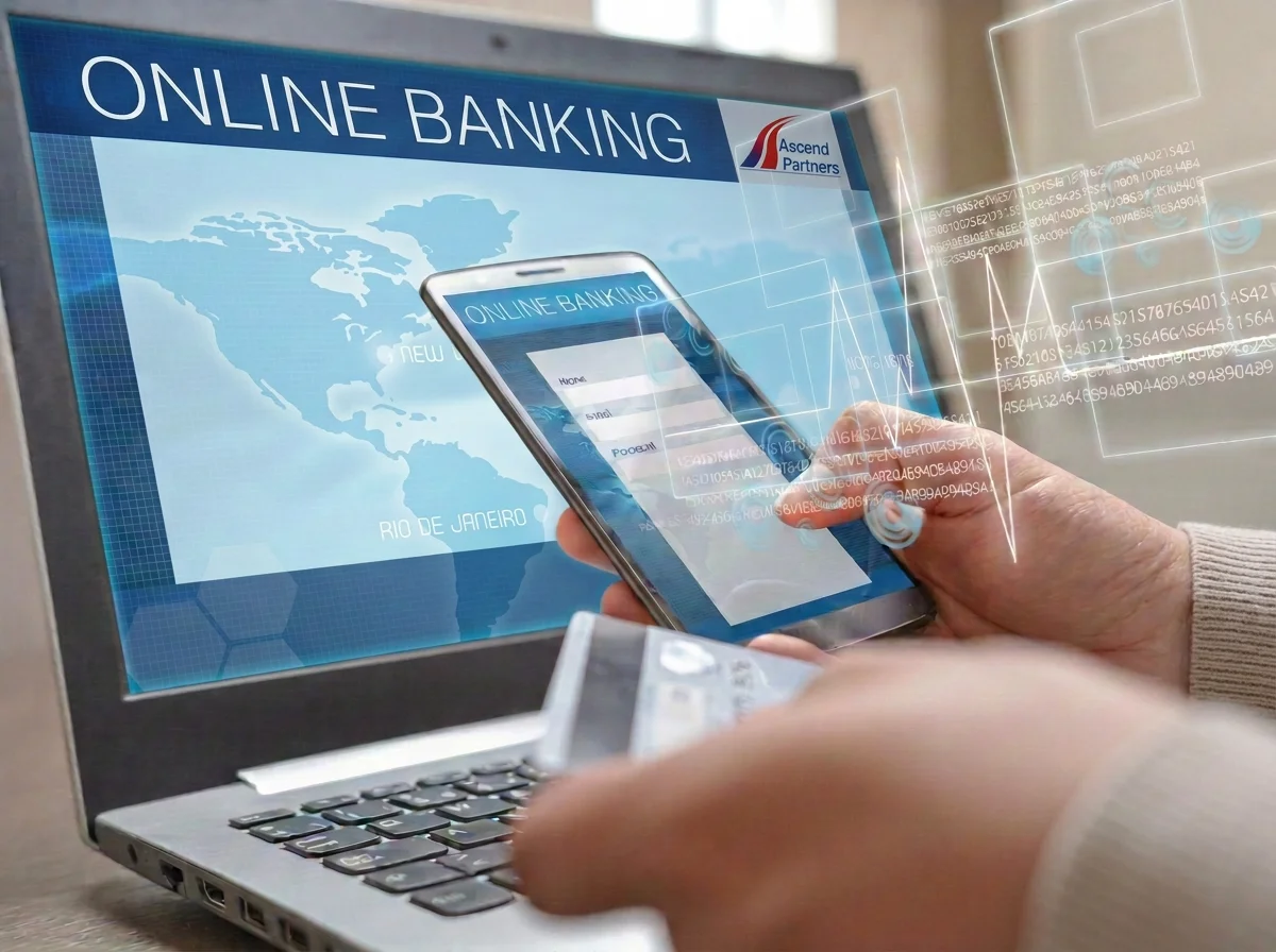 Person using a mobile phone for online banking on a laptop computer with a digital overlay of data and images.