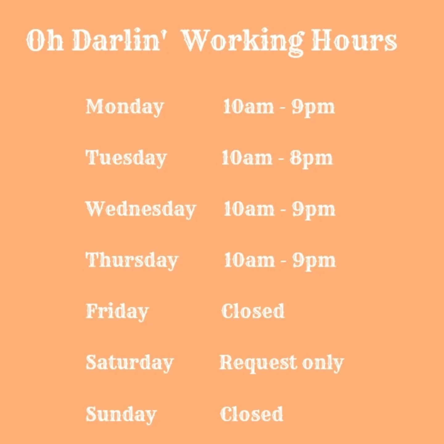 🚨⏰ NEW WORKING HOURS ⏰🚨

Hello 👋
I'm changing things up a little from now on with new opening hours.
I will be open  L A T E  N I G H T S 
from Monday - Thursday, so you will be able to have a hair appointment when you finish work during the week.