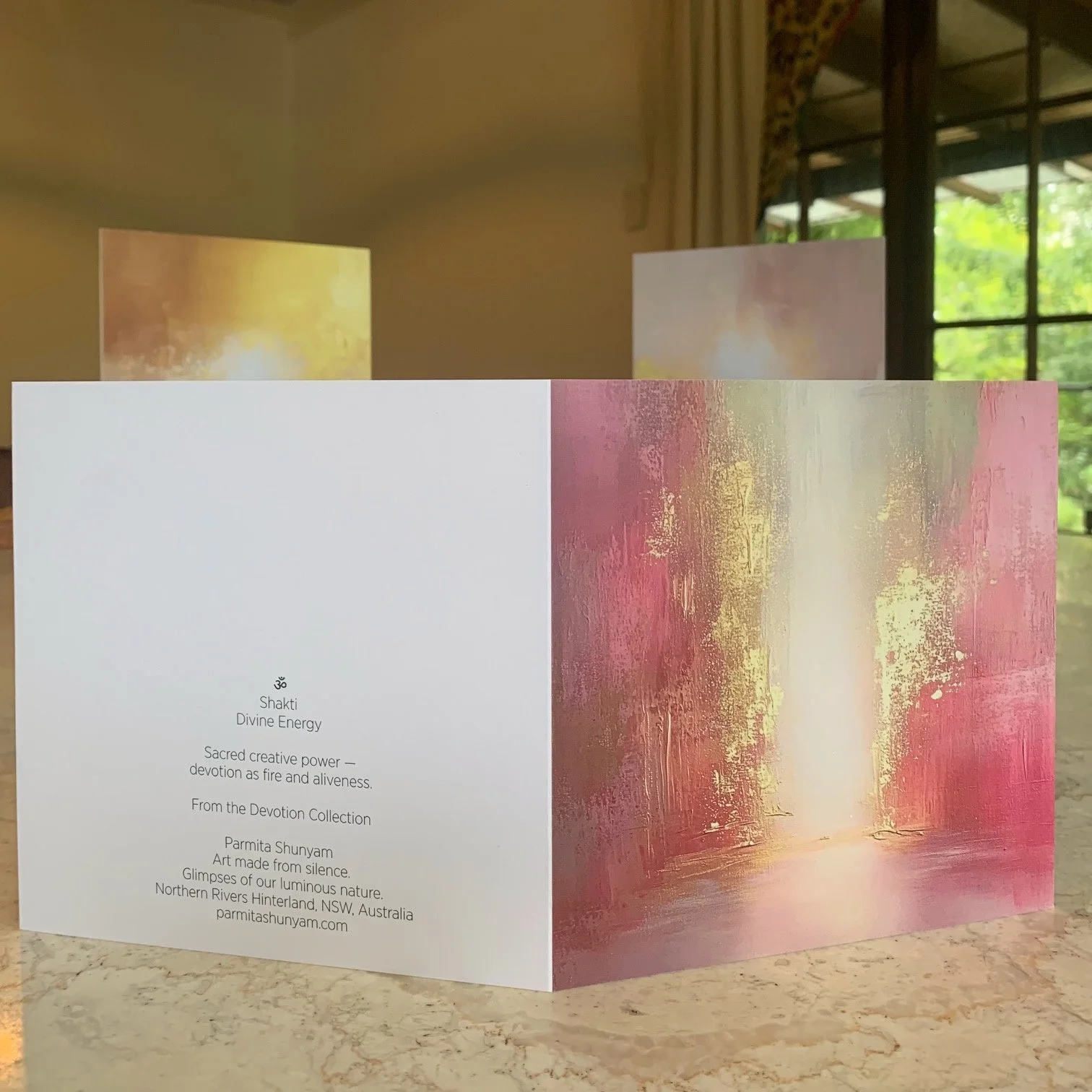 Shakti sacred art card, Divine Energy, open showing back text — Devotion Collection