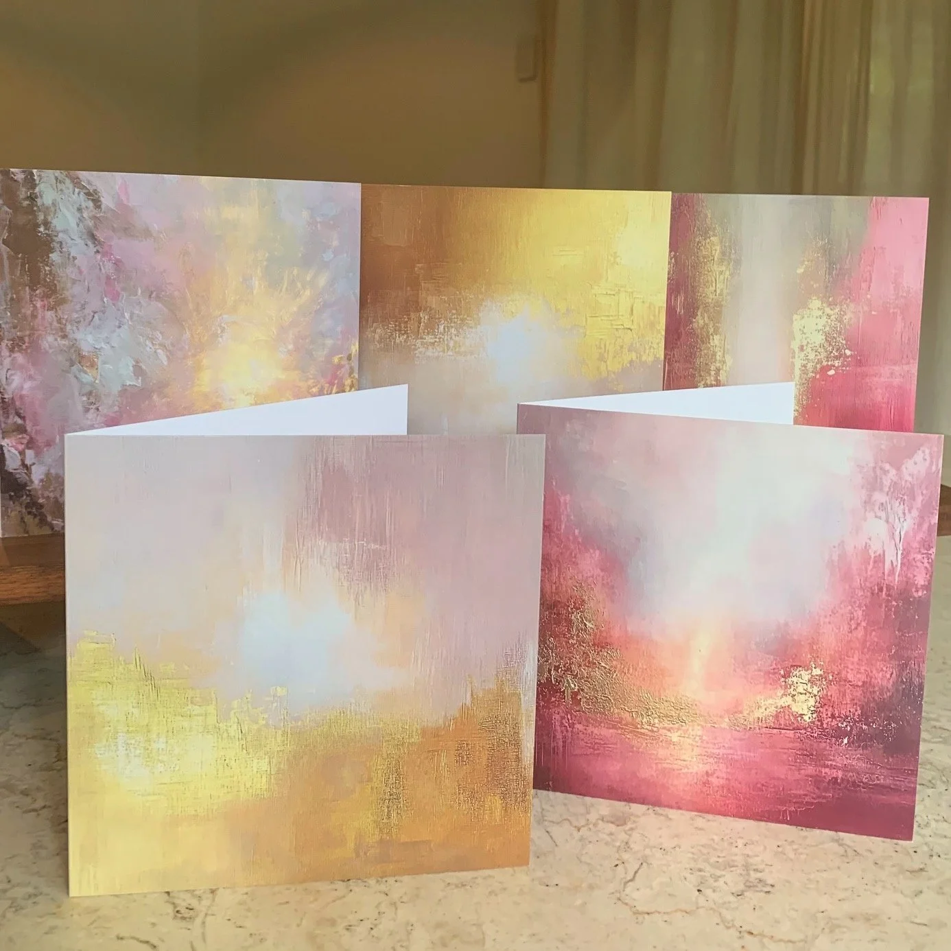 Devotion Collection sacred art cards, blush pink and gold abstract designs.