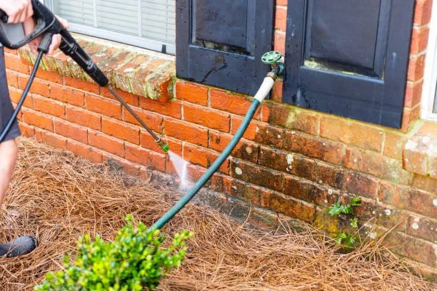 Person using a garden hose to water the brick exterior of a house with two window shutters.