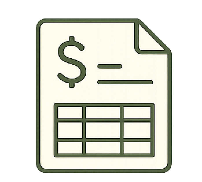 Icon of a bill or invoice with a dollar sign and a table of numbers.