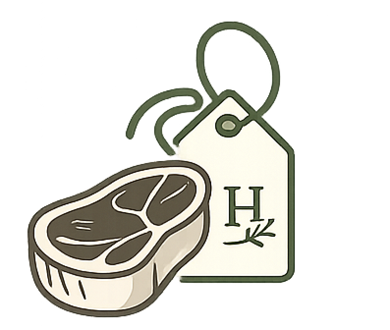 Graphic of a meat cut and a price tag with a medical stethoscope and the letter H with a small olive branch.