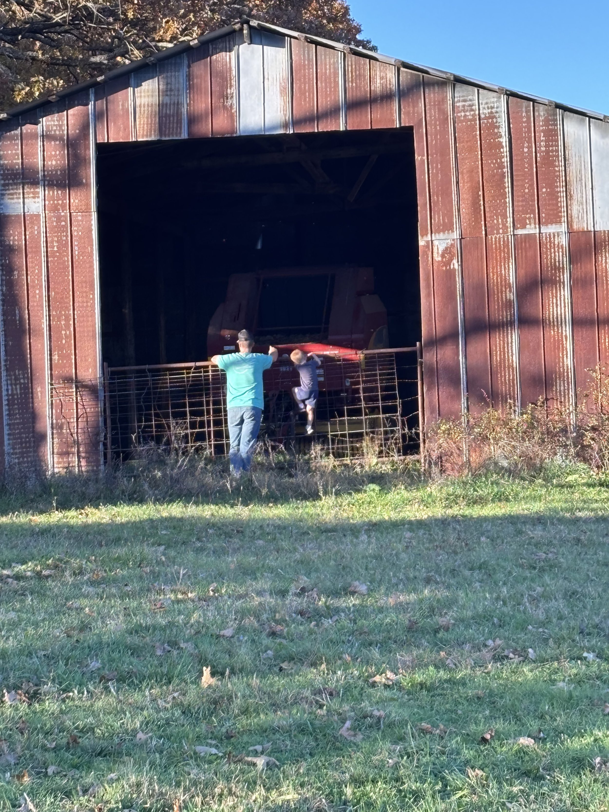 A rustic metal barn with a large open entrance, situated in a grassy field with trees in the background. Two people are standing outside the barn, looking inside.