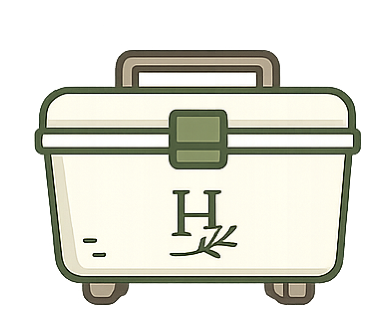 Illustration of a vintage green and beige medical cooler with a handle, labeled with an 'H' and a plant branch symbol.