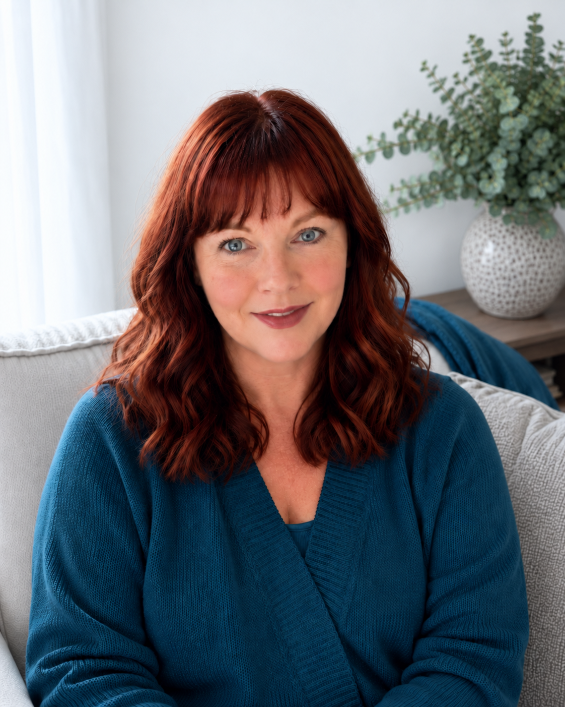 A woman with red hair and blue eyes smiling while sitting on a light-colored couch in a room with natural light and a white wall. There is a potted plant on a table behind her.