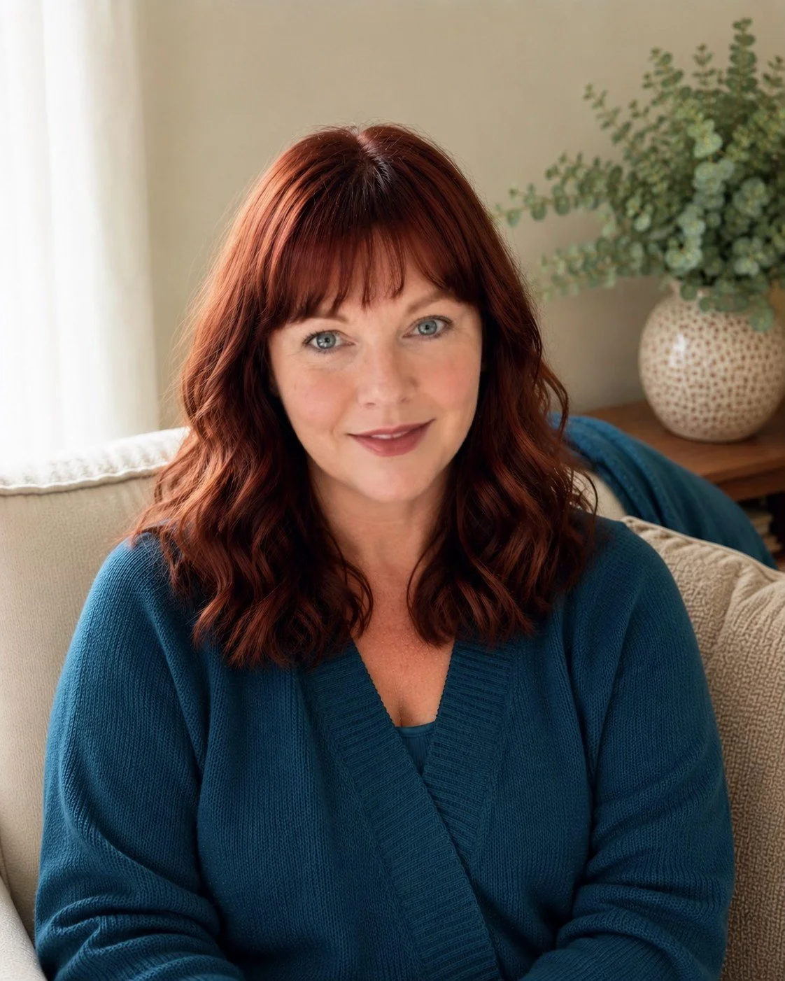 A woman with red hair and blue eyes sitting on a beige couch in a cozy living room, with a large green plant in a decorative pot on a wooden side table behind her.
