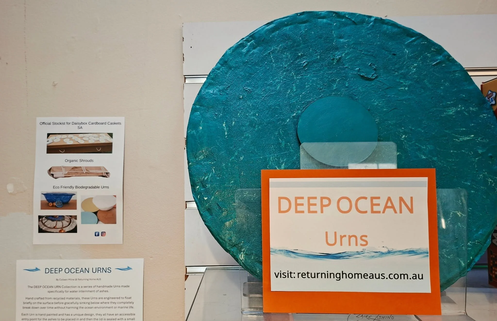 ❤. You can see one of our Deep Ocean Urns on display at our local Community Post Office.
I set up the stand and put descriptions on the wall, while people came in and out of the post office, which sparked off lots of conversations, laughs and sharing