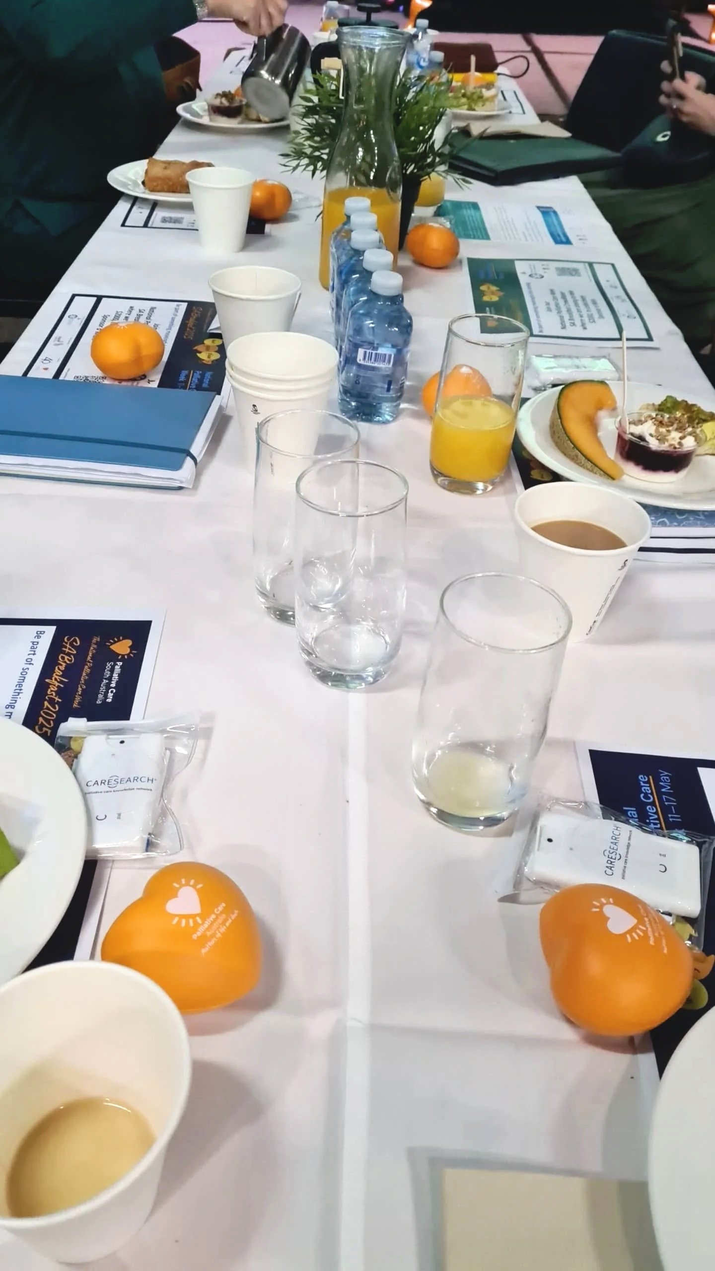 Set table with fruit, flowers, bottled water and speaking program
