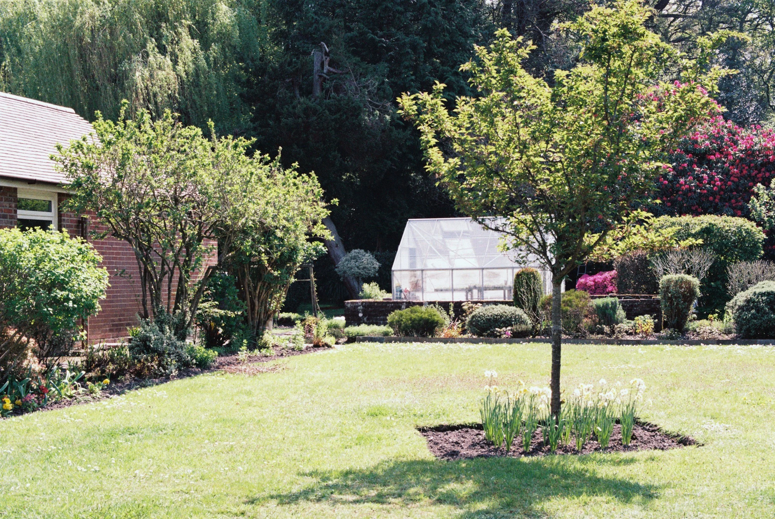 A garden with various trees, bushes, and flowers, a greenhouse, a brick house with a red roof, and a lawn.