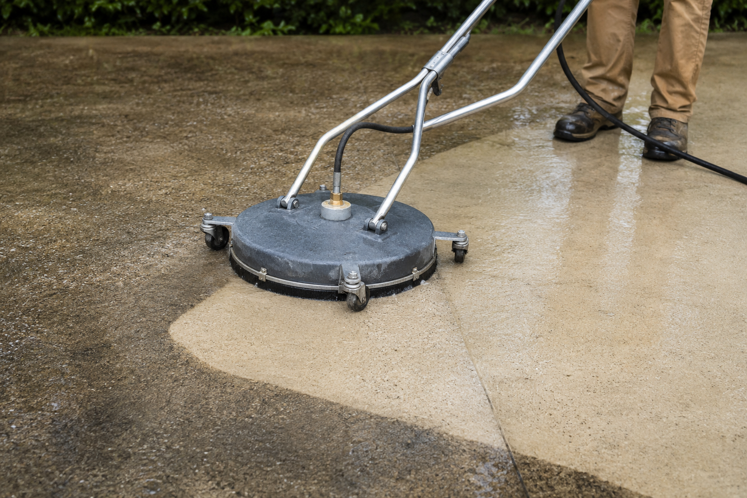 Worker using a power float to smooth freshly laid concrete on a sidewalk.