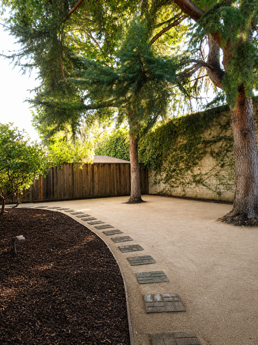 A small backyard with a curved gravel pathway, two tall trees, a wooden fence, and a brick wall covered partially with ivy.