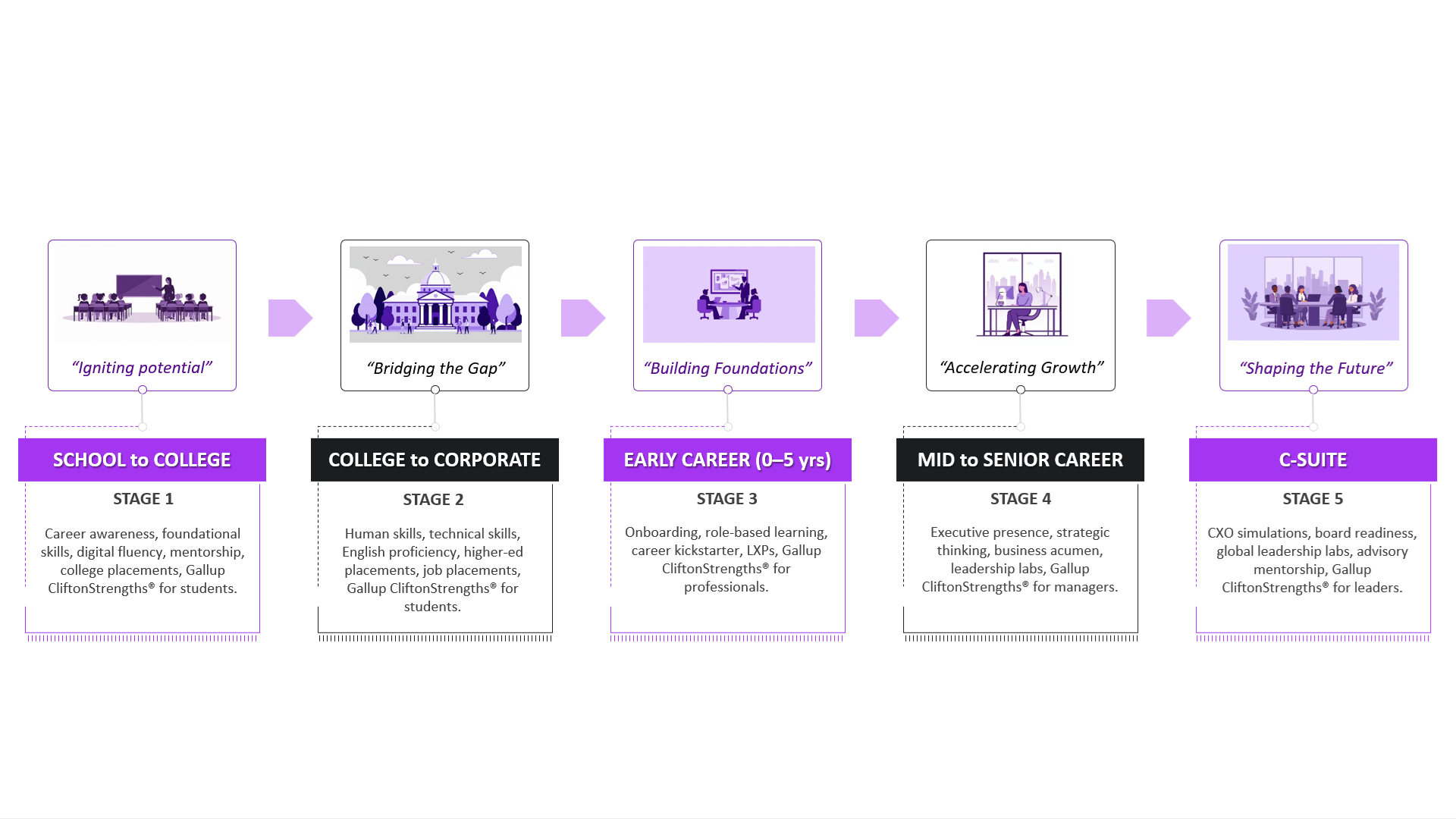 Flowchart illustrating career development stages from school to corporate and executive leadership, including stages labeled Igniting potential, Bridging the Gap, Building Foundations, Accelerating Growth, and Shaping the Future.