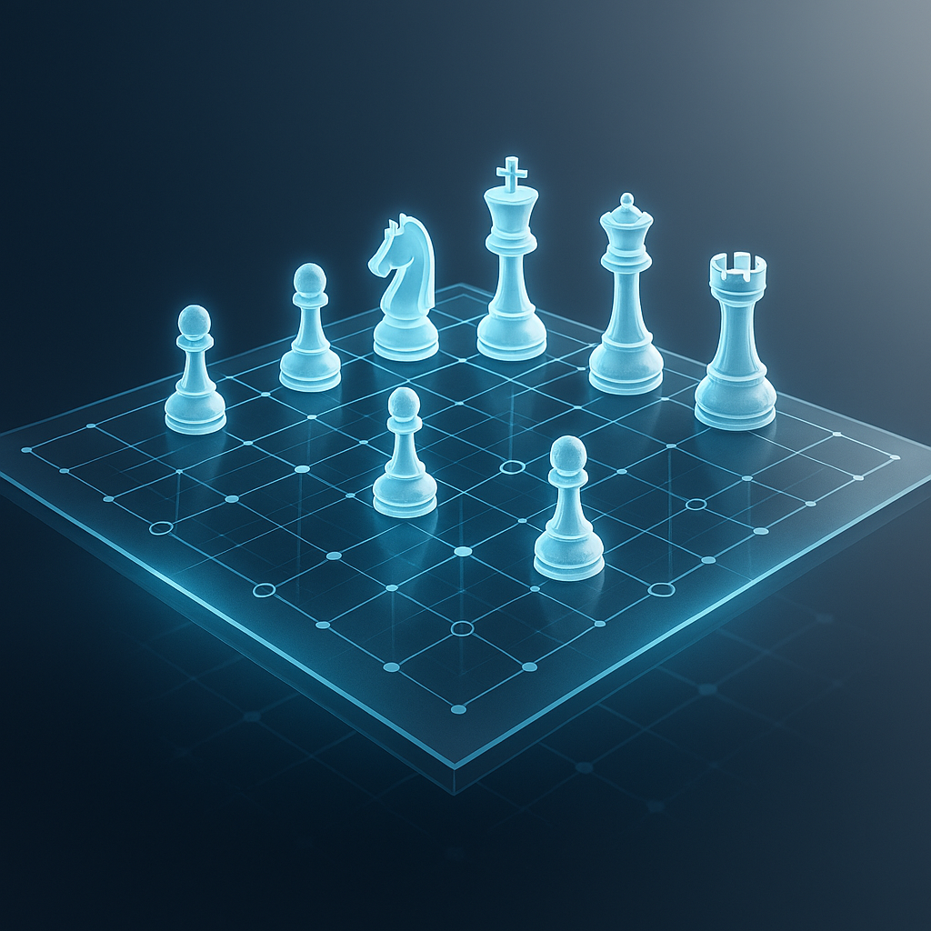 Digital futuristic chessboard with glowing blue chess pieces, including a king, queen, rook, bishop, knight, and pawns, on a dark background.