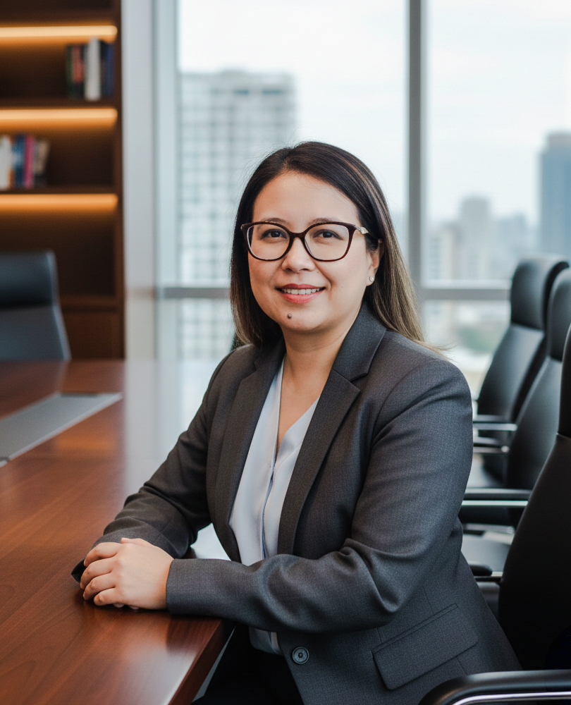 Pallavi Gurung with glasses and dark hair seated at a conference table in a board room with large windows and a city view.