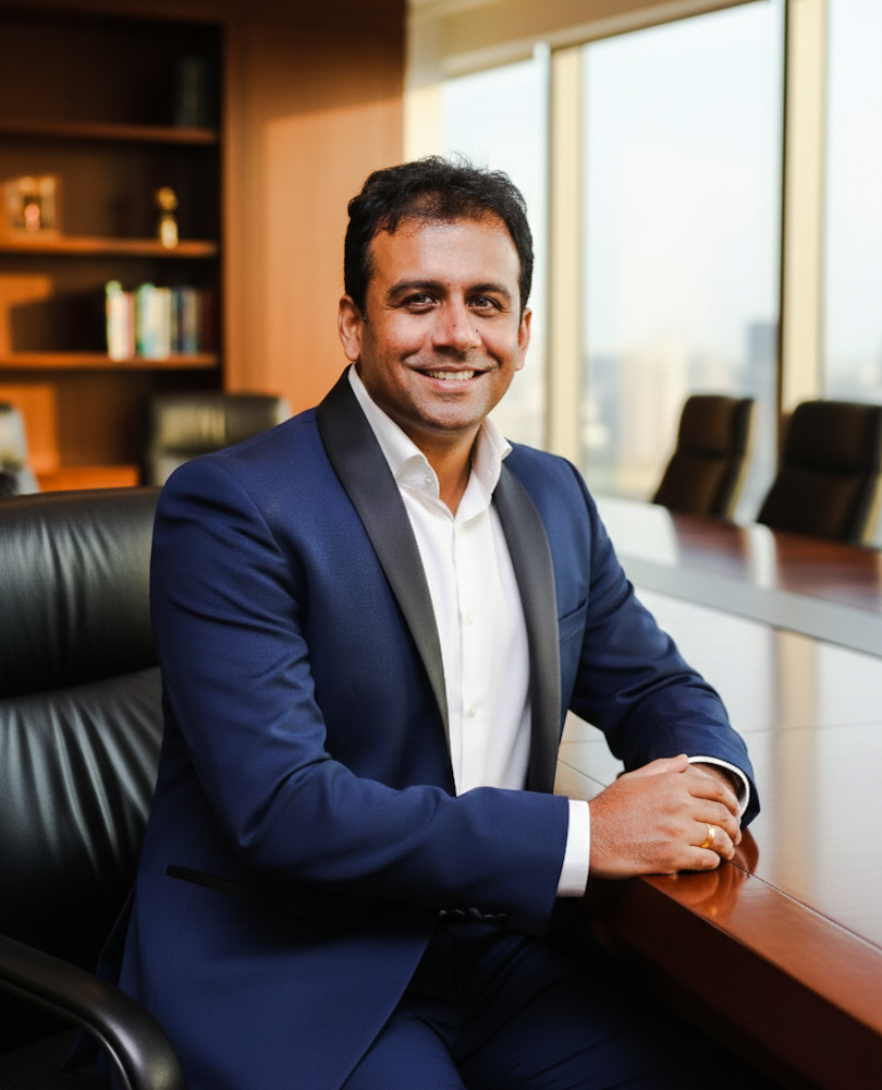 Prashant Nambiar in a blue suit and white shirt sitting at a conference table in a board room with large windows and bookshelves in the background.
