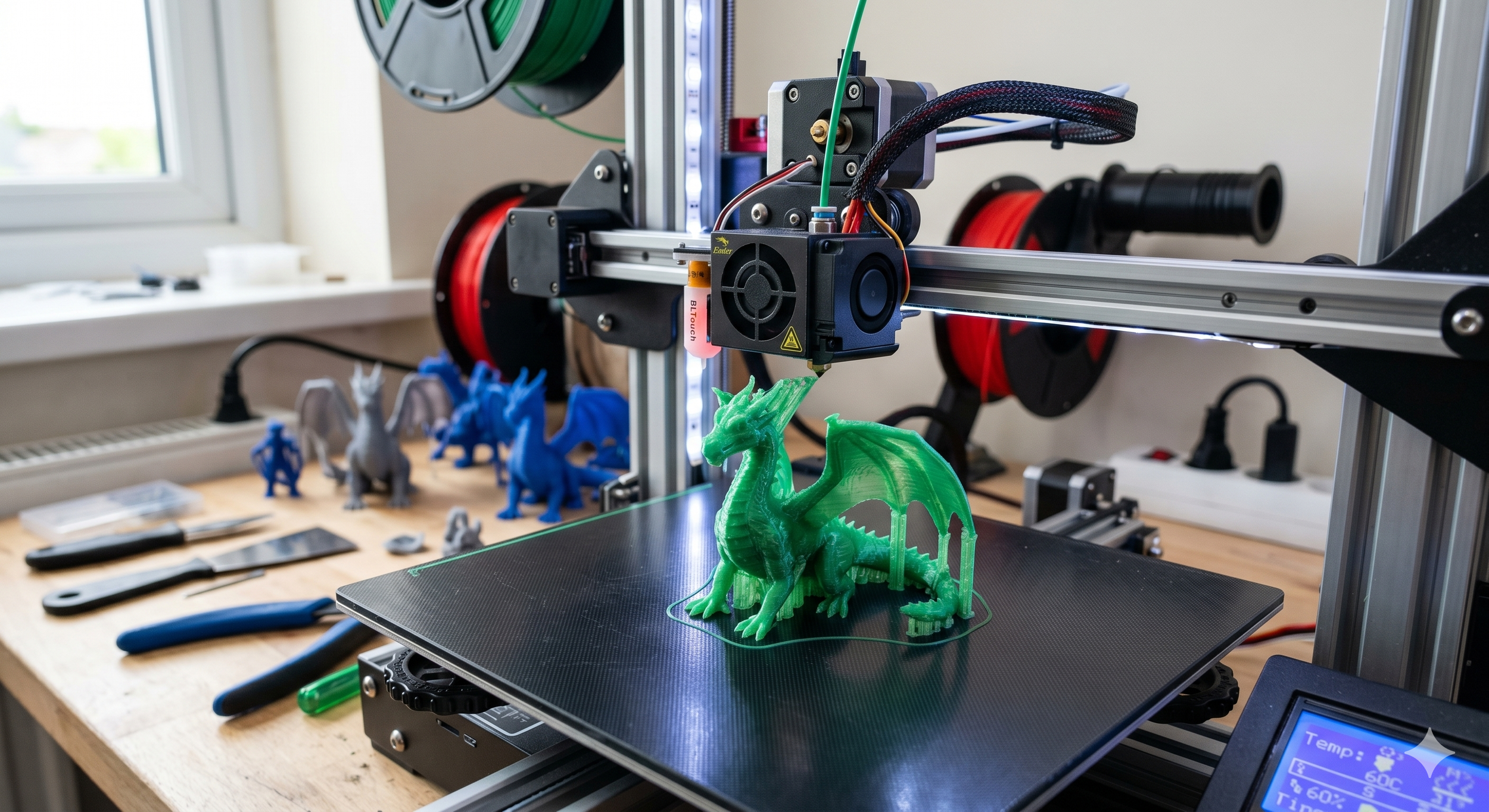 A 3D printer in the process of printing a green dragon figurine on a black print bed. Several small dinosaur models are on the work surface nearby, along with tools and a digital thermometer display.