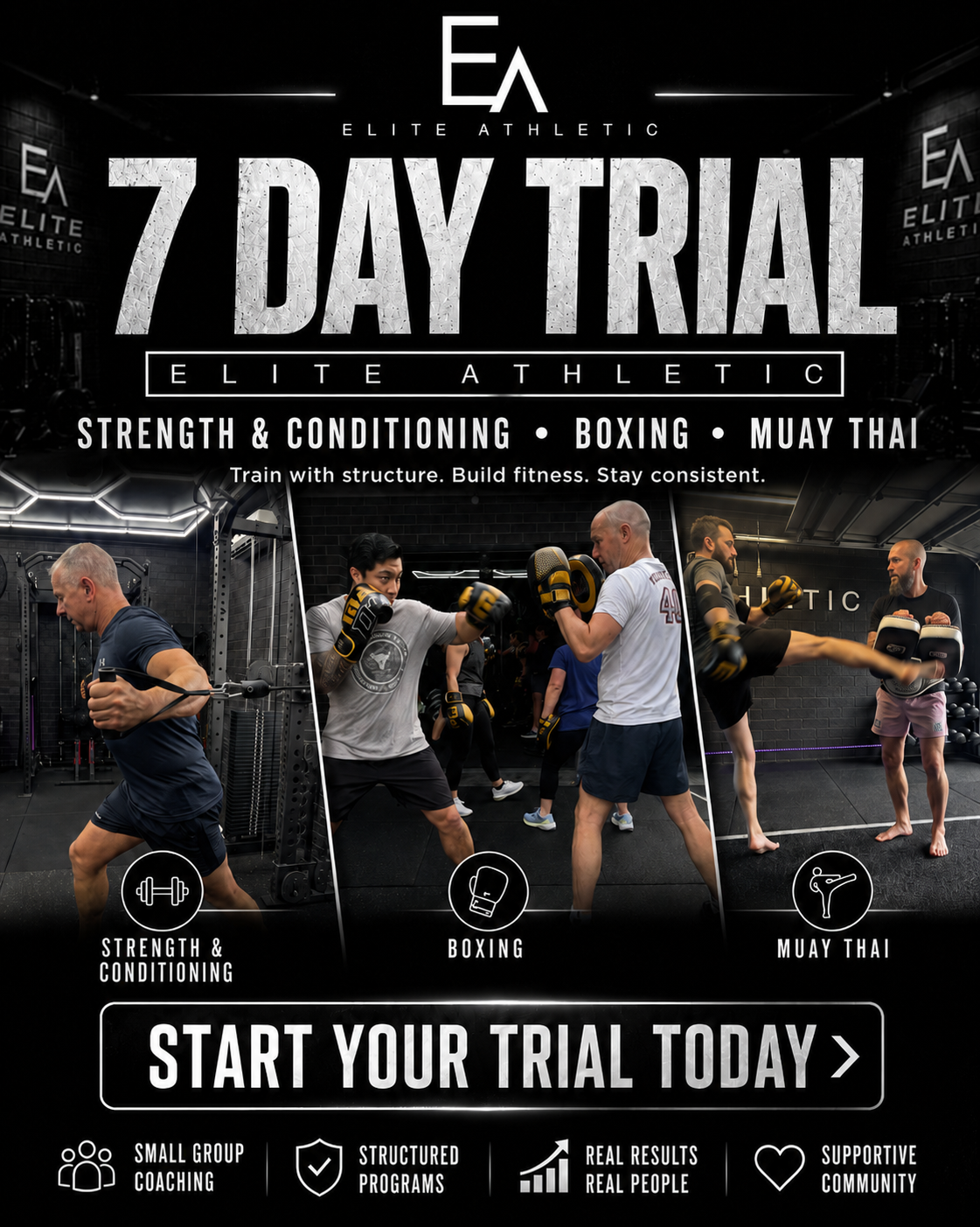 7-day trial at Elite Athletic, offering strength and conditioning, boxing, and Muay Thai classes.
