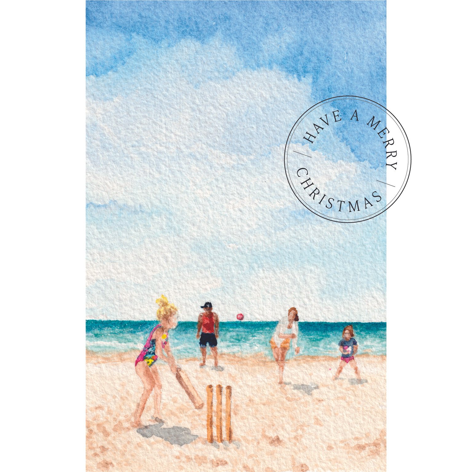 An Aussie Pastime – original watercolour Christmas card featuring a family playing beach cricket on a sunny Australian beach.