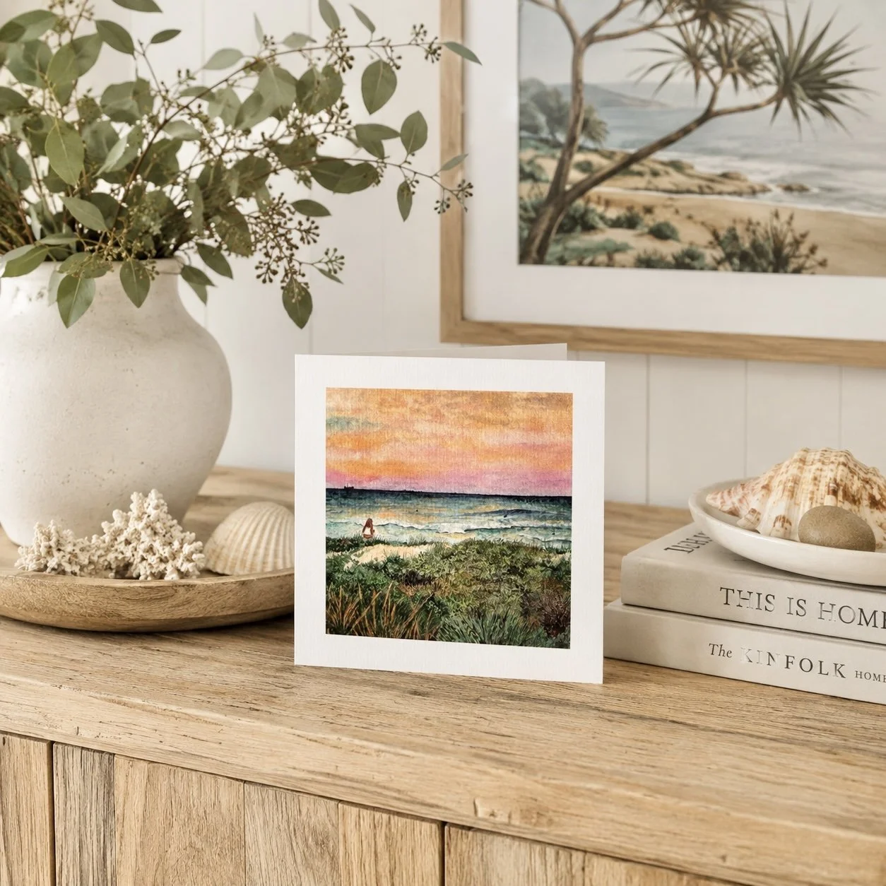 Good for the Soul coastal greeting card featuring original Dixon Park Beach watercolour artwork, styled in an Australian coastal home.