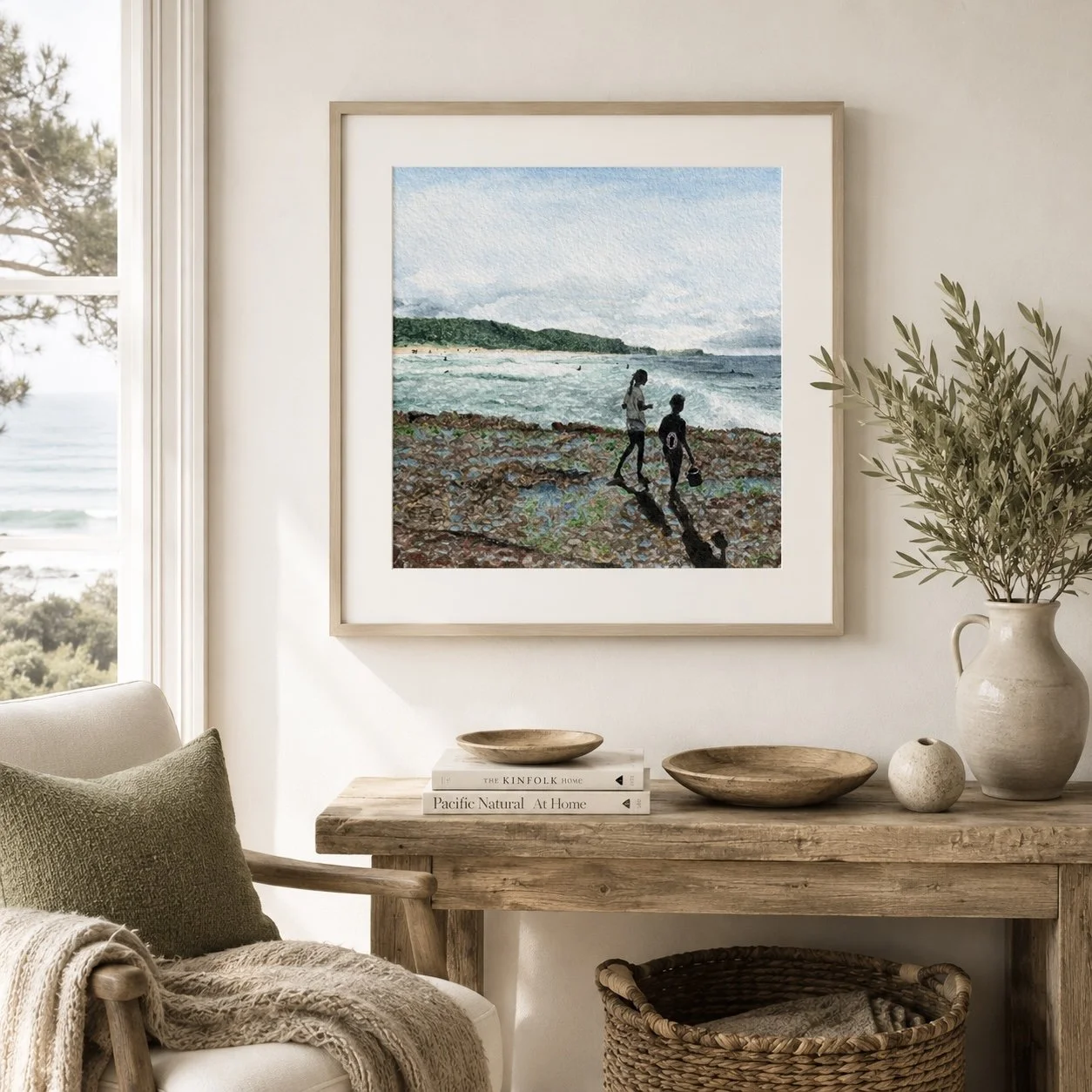 Rockpool Treasures framed coastal artwork styled in a relaxed coastal home