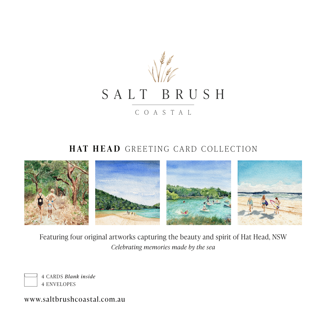 Back of Salt Brush Coastal Hat Head greeting card collection featuring four original coastal watercolour artworks