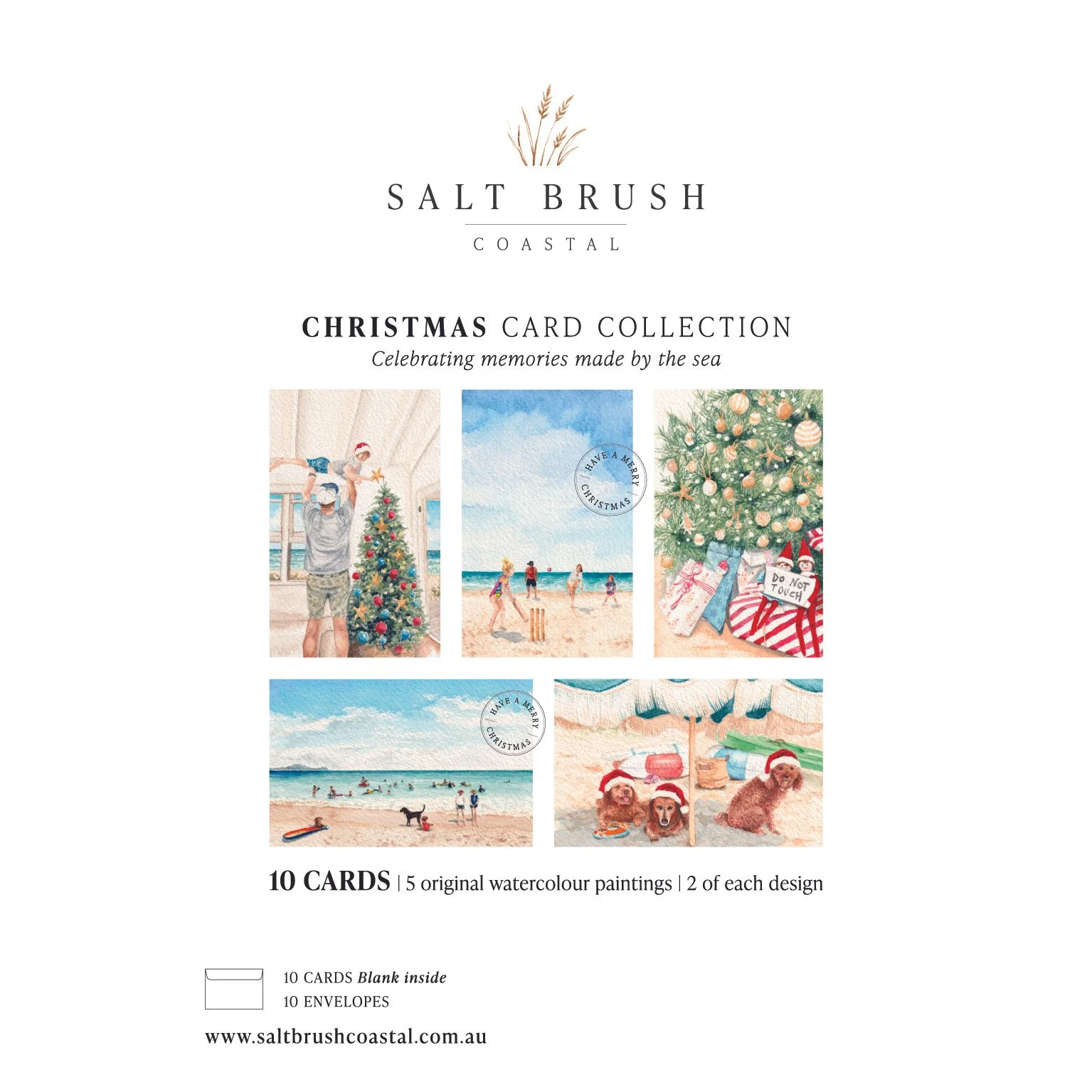 Salt Brush Coastal Christmas card collection information sheet displaying all five original watercolour designs and details of the 10-card pack.