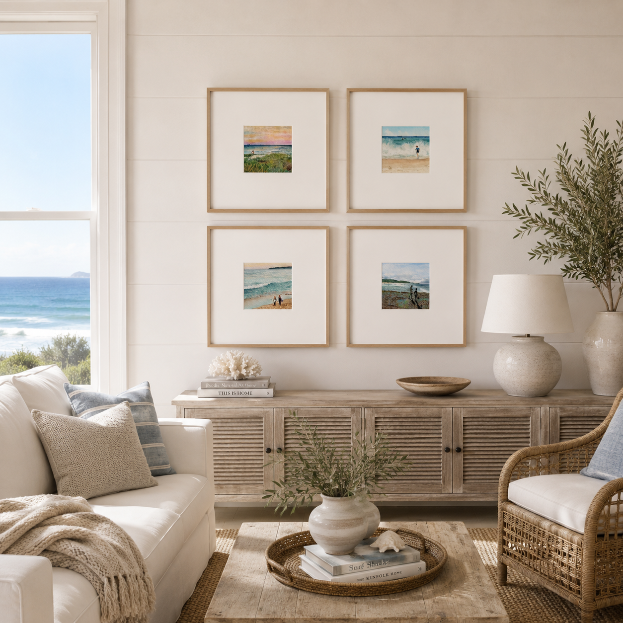 Coastal watercolour prints displayed as a gallery wall in a relaxed coastal living room