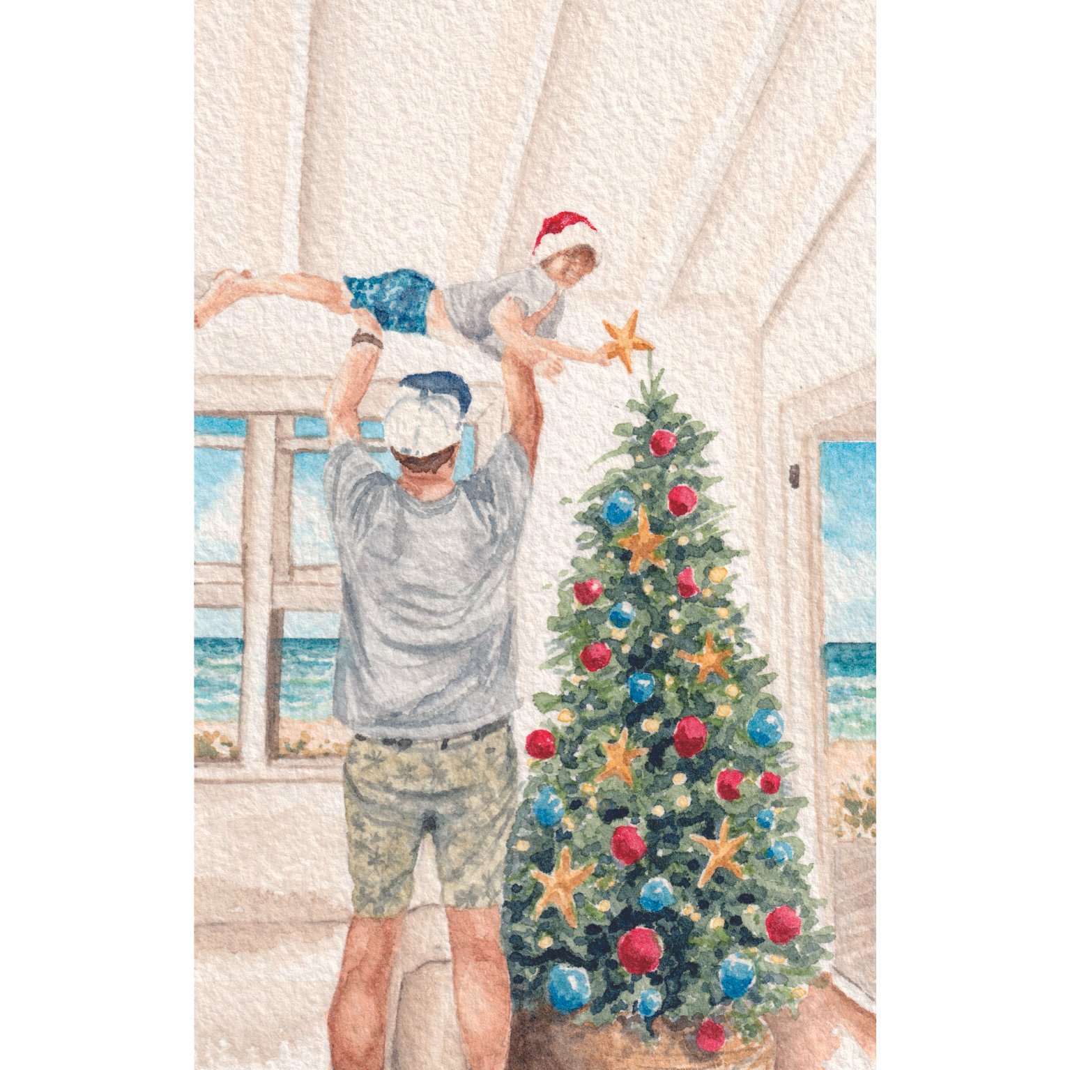 The Finishing Touch – original watercolour Christmas card illustration of a family decorating a Christmas tree at home.