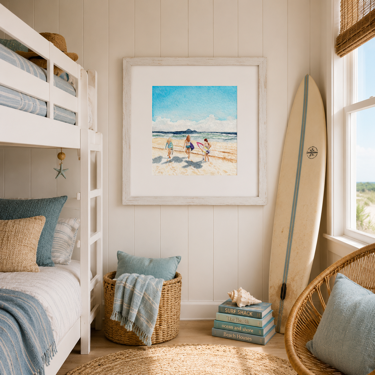 Sisters of the Sea framed coastal surf artwork styled in a relaxed coastal bunk room