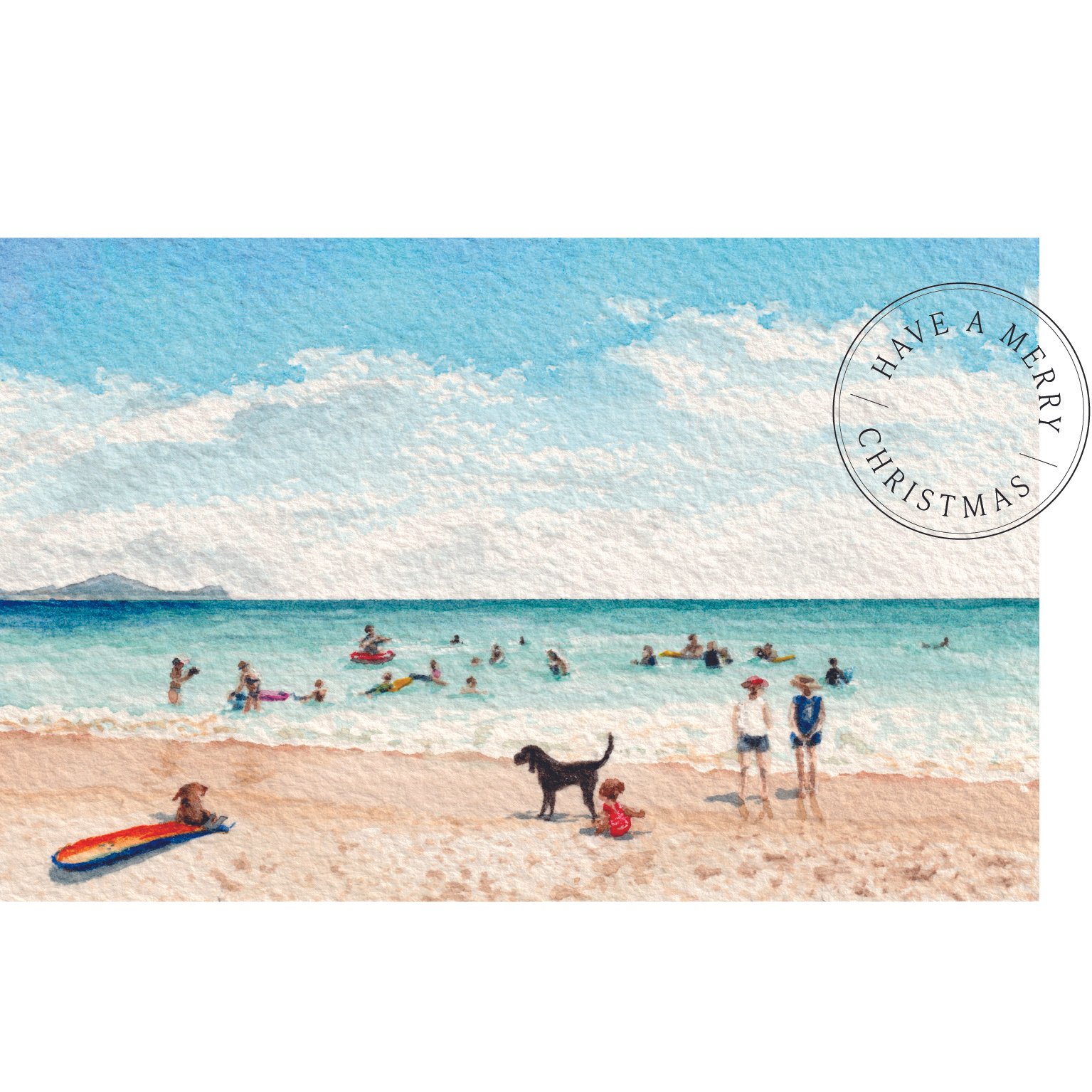 Christmas Day Dip – original coastal watercolour Christmas card showing families enjoying a swim at an Australian beach.