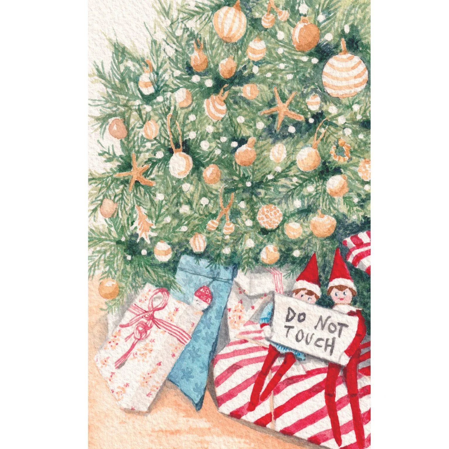 Hands Off! – original watercolour Christmas card featuring a decorated Christmas tree, wrapped presents and an Elf on the Shelf.