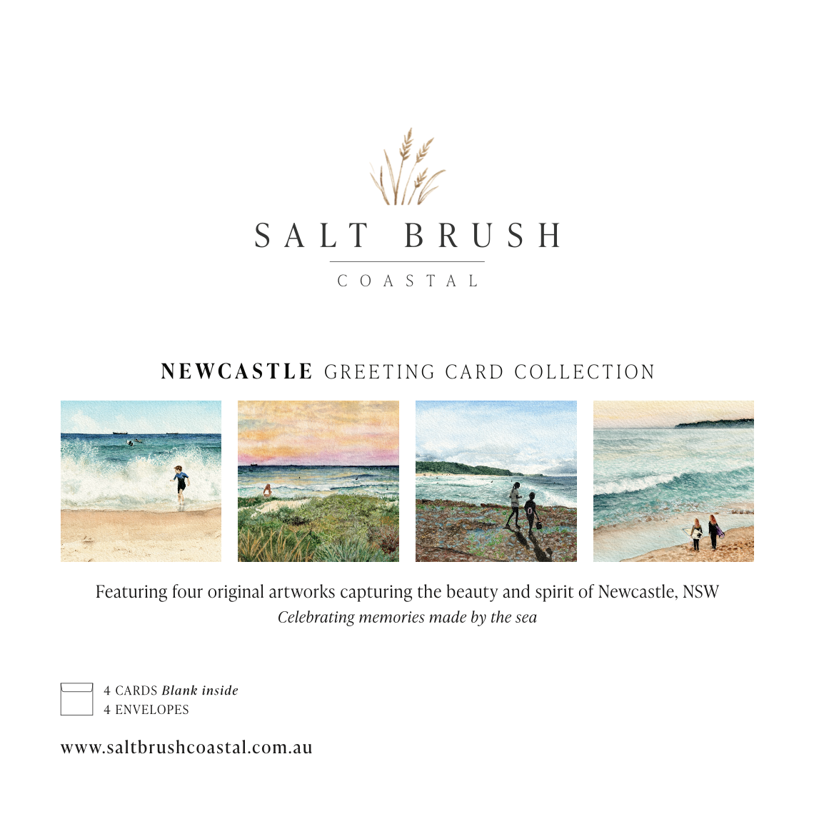 Back of Salt Brush Coastal Newcastle greeting card collection featuring four original coastal watercolour artworks