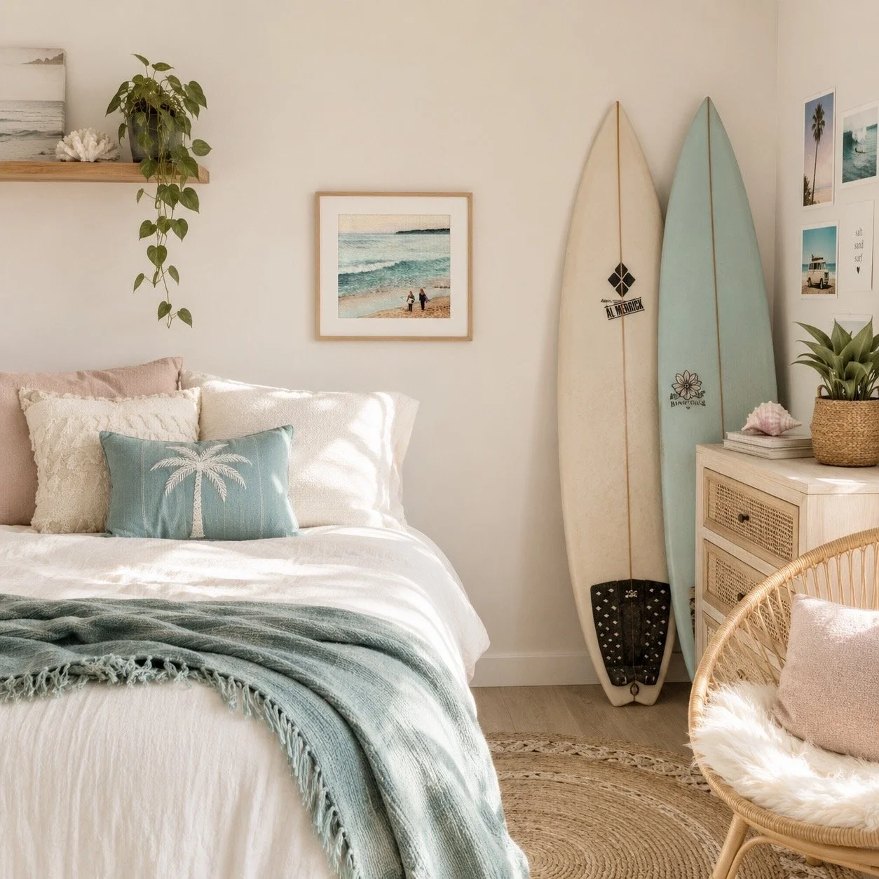 Between Waves framed coastal artwork styled in a relaxed coastal bedroom