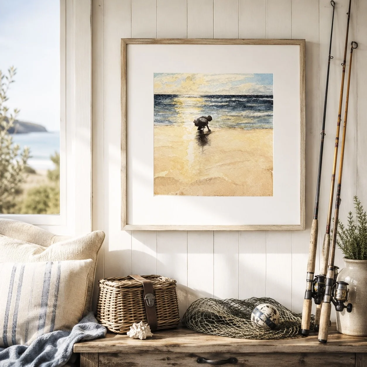 Low Tide Ritual framed coastal artwork styled in a relaxed fisherman's cottage