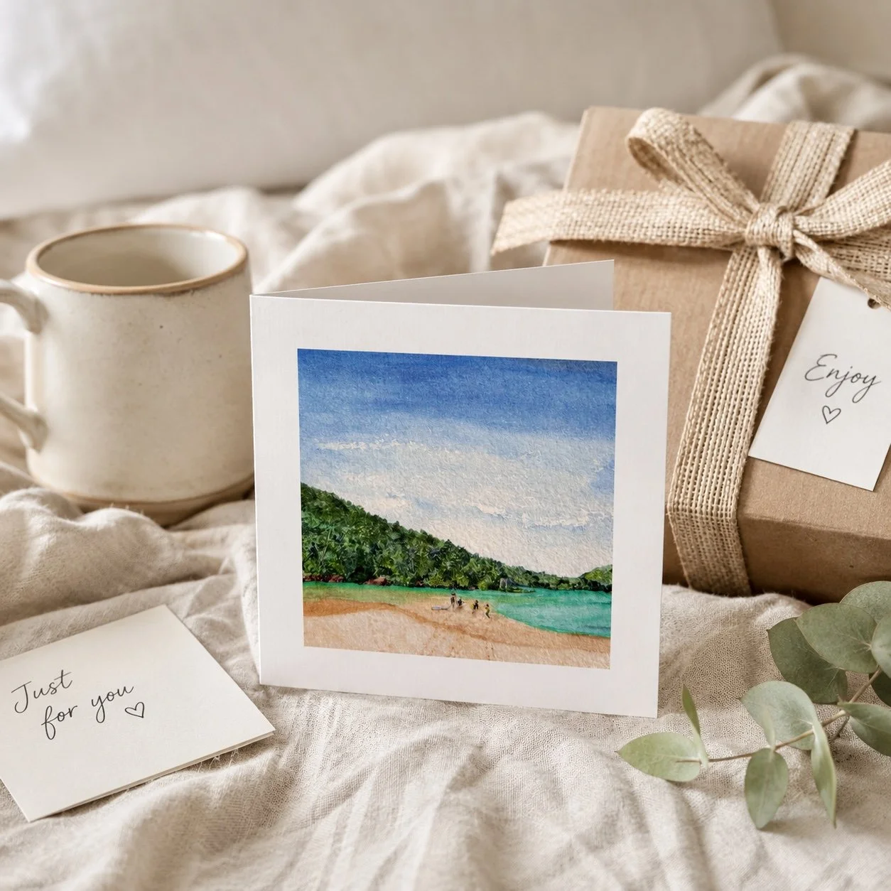 Summers at the Entrance coastal greeting card featuring original Hat Head watercolour artwork, styled as a thoughtful gift.