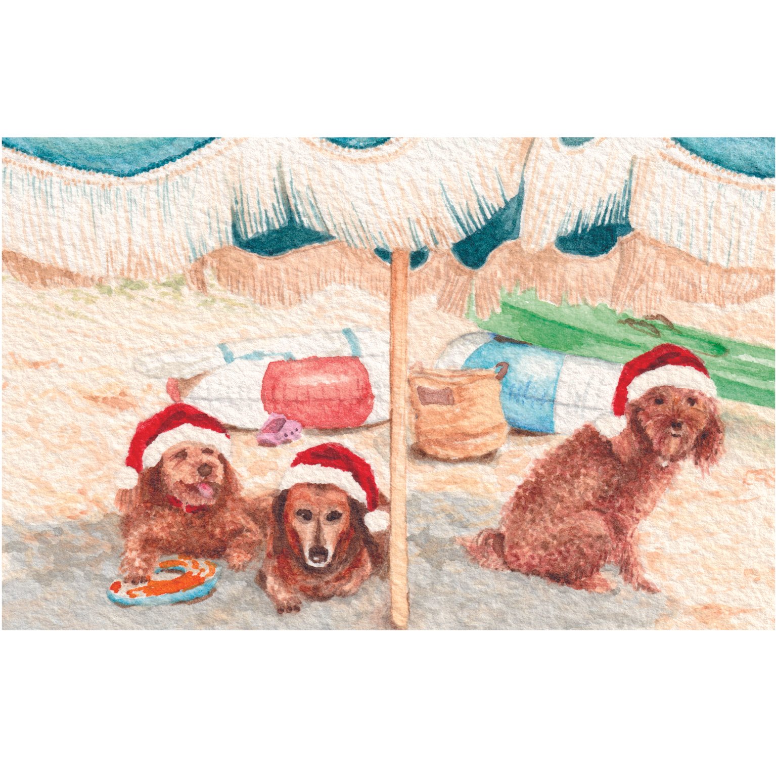 Shade Hogs – original Australian Christmas watercolour illustration of dogs wearing Santa hats relaxing beneath a beach umbrella.