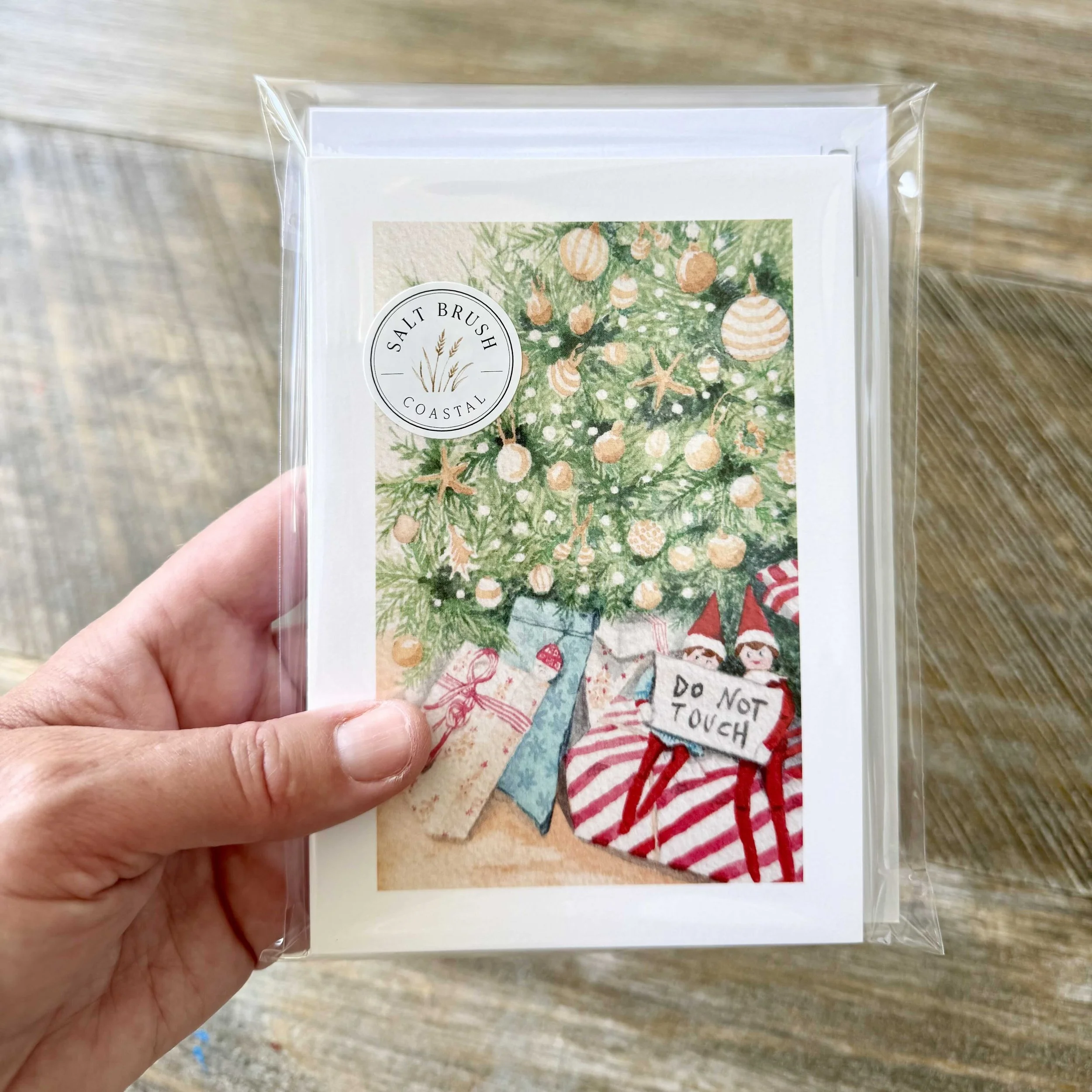 Salt Brush Coastal limited edition pack of 10 Australian Christmas cards in clear packaging, featuring original watercolour artwork.